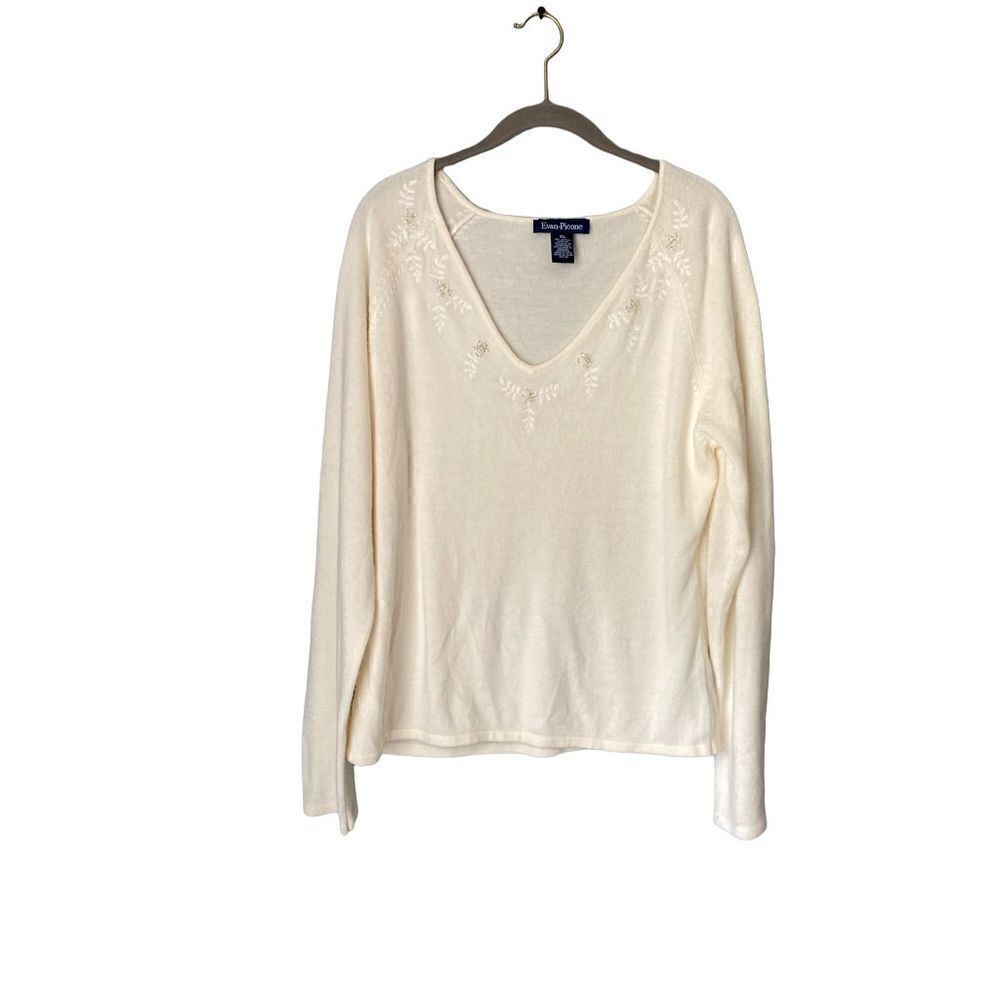 Evan Picone women’s cream beaded long sleeve lightweight V-neck sweater size XL